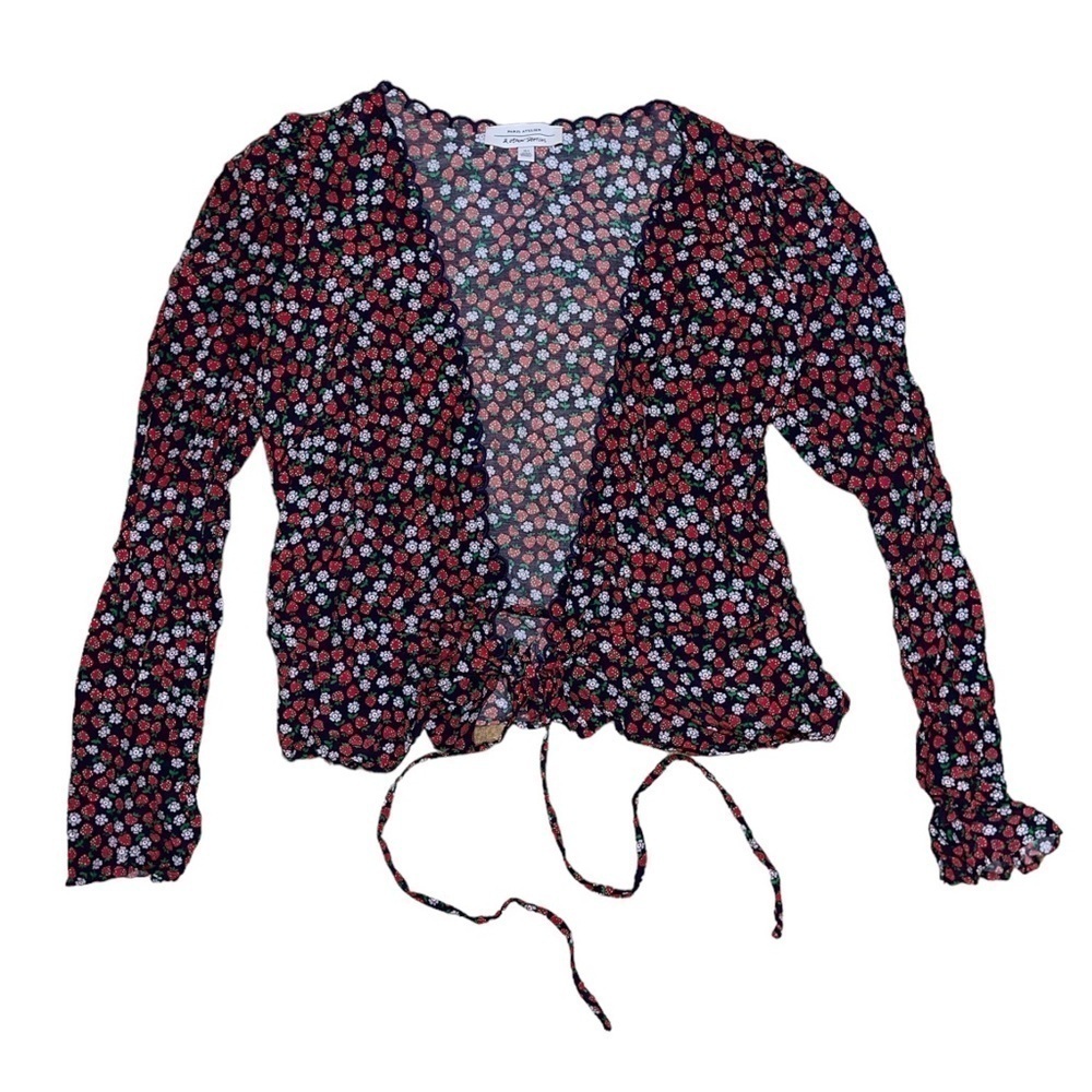 Paris Atelier & Other Stories blue red scallop edge strawberry wrap blouse